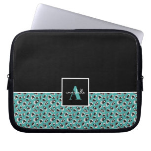 Monogram Black & Aqua Leopard Animal Print Laptop Sleeve