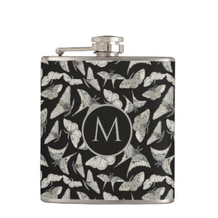 Monogram Black Beige Moth Bug Pattern Hip Flask