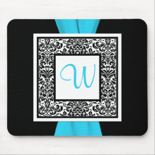 Monogram Black, Blue, White Damask Mousepad