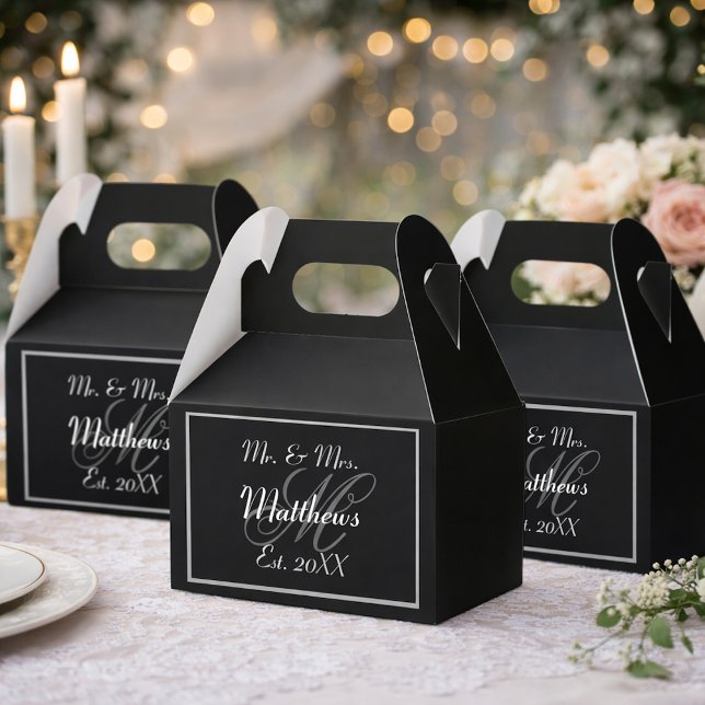 Monogram Black Bride Groom Date Wedding  Favor Box (Creator Uploaded)