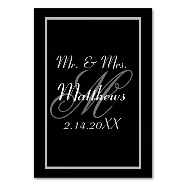 Monogram Black Bride Groom Date Wedding  Table Number (Front)