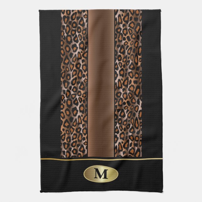 Monogram Black, Brown and Gold Jaguar Animal Print Kitchen Towel (Vertical)