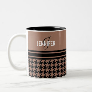 Monogram black brown houndstooth name Two-Tone coffee mug