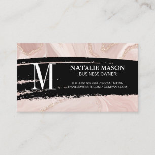 Monogram Black Brushed   Pink Marble Gold Flake Business Card