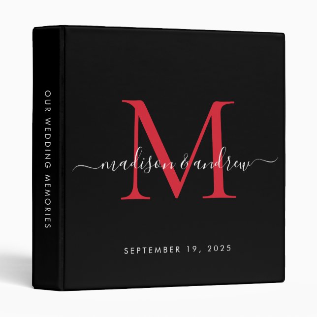 Monogram Black Burgundy Red Script Wedding Album Binder (Front/Spine)