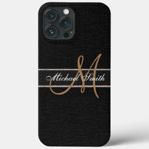 Monogram Black Burlap Linen Rustic Jute iPhone 13 Pro Max Case
