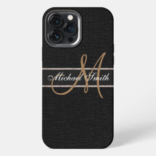 Monogram Black Burlap Linen Rustic Jute iPhone 13 Pro Max Case