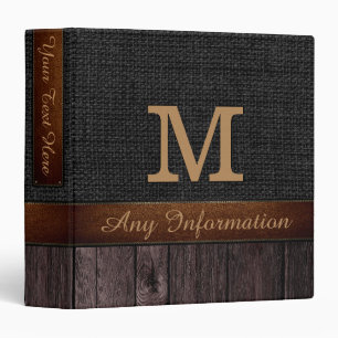Monogram Black Burlap Rustic Jute Look Wood Binder