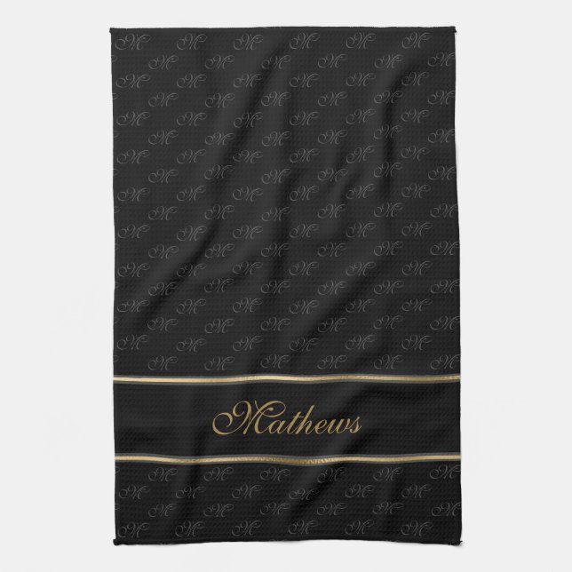 Monogram Black Charcoal Name Kitchen Towel (Vertical)