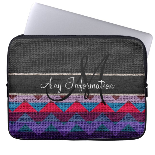 Monogram Black Chevron Zigzag Burlap Jute Laptop Sleeve (Front)