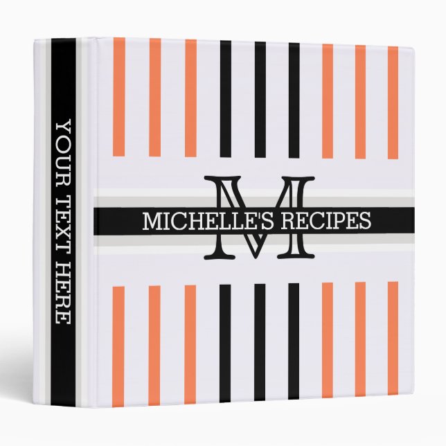 Monogram Black Coral Stripes Pattern Recipes Binder (Front/Spine)