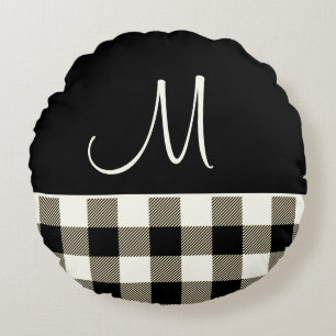 Monogram Black Cream Buffalo Plaid Round Pillow