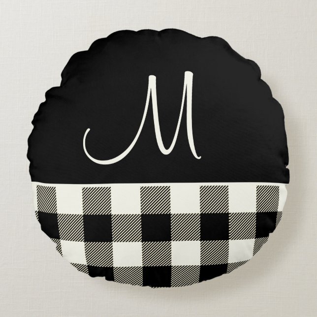 Monogram Black Cream Buffalo Plaid Round Pillow (Front)