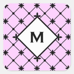 Monogram Black Cross Pattern on Pink Square Sticker