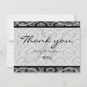 Monogram Black Damask Paisley Wedding Thank You Card