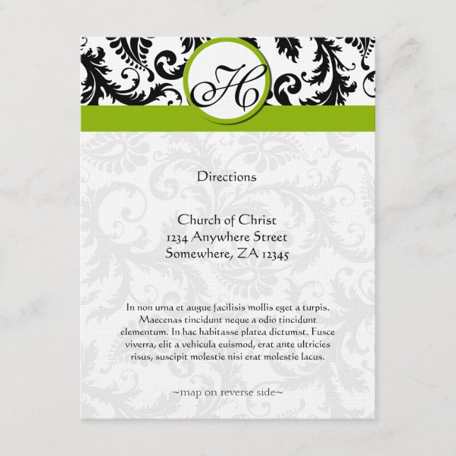 Monogram Black Damask Swirl Wedding Direction Card (Front)