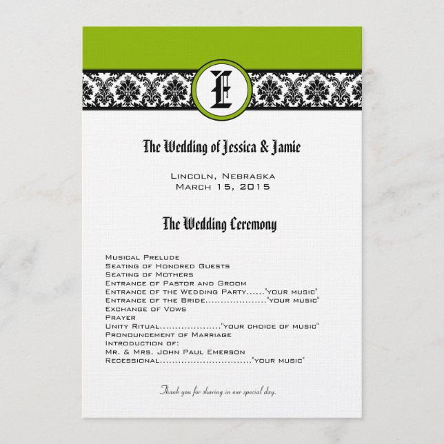 Monogram Black Damask Wedding Program (Front)