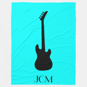 Monogram Black Electric Bass Guitar on Aqua Blue Fleece Blanket