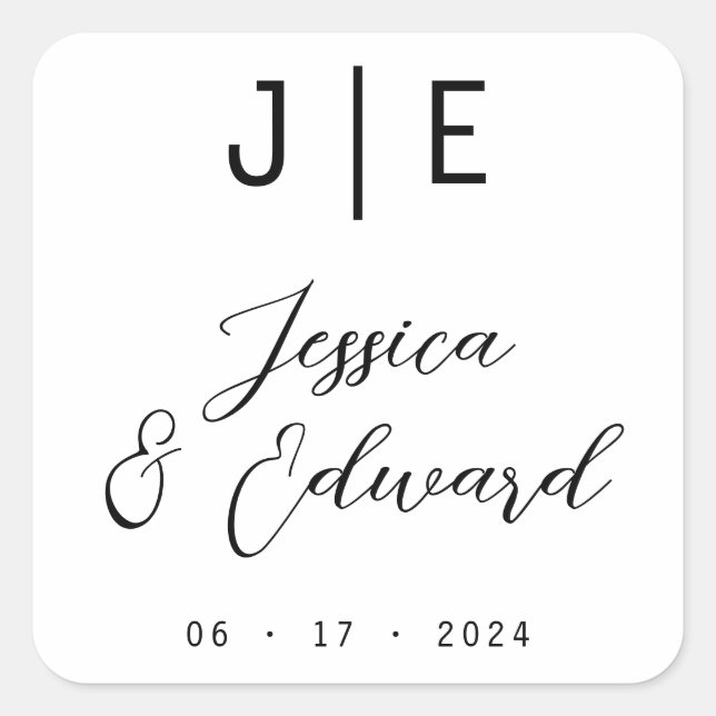 Monogram Black Elegant Script Couple Name Modern Square Sticker (Front)