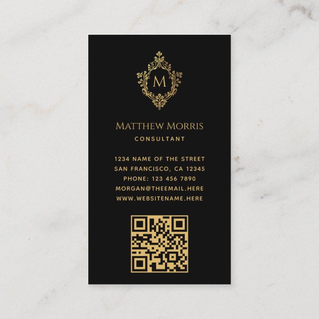 Monogram Black Faux Gold Crest Elegant QR on Back Business Card (Back)
