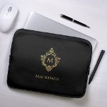 Monogram Black Faux Gold Elegant Vintage Crest  Laptop Sleeve<br><div class="desc">An elegant navy and gold design with the monogram initial in a vintage crest, recommended for a man. The crest is faux gold foil, the background is navy blue. Under the crest, in small caps, there is the name in golden caps. The vintage floral crest from an old book cover...</div>