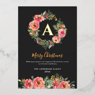 Monogram Black Floral Botanical Wreath Christmas Foil Holiday Card