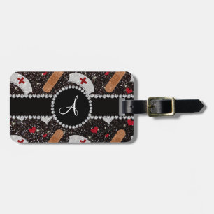 Monogram black glitter nurse hats heart luggage tag