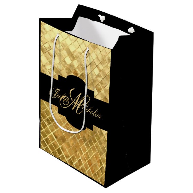 Monogram Black & Gold 50th Anniversary Medium Gift Bag (Front Angled)