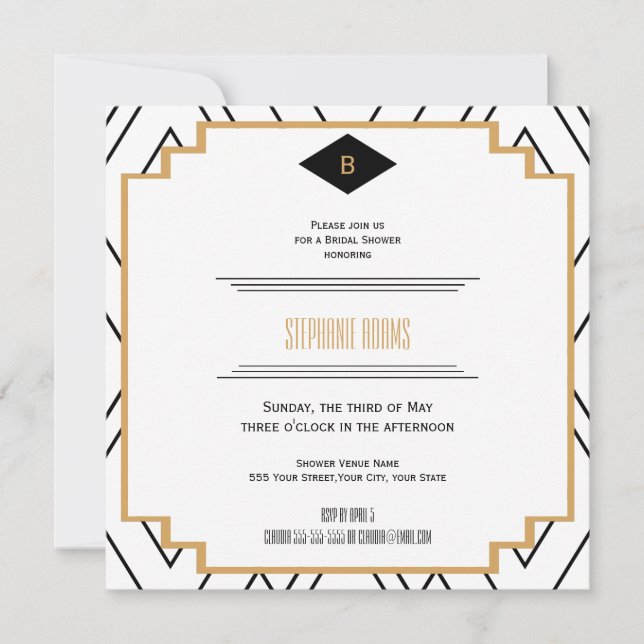 Monogram Black, Gold and White Art Deco Bridal Invitation (Front)