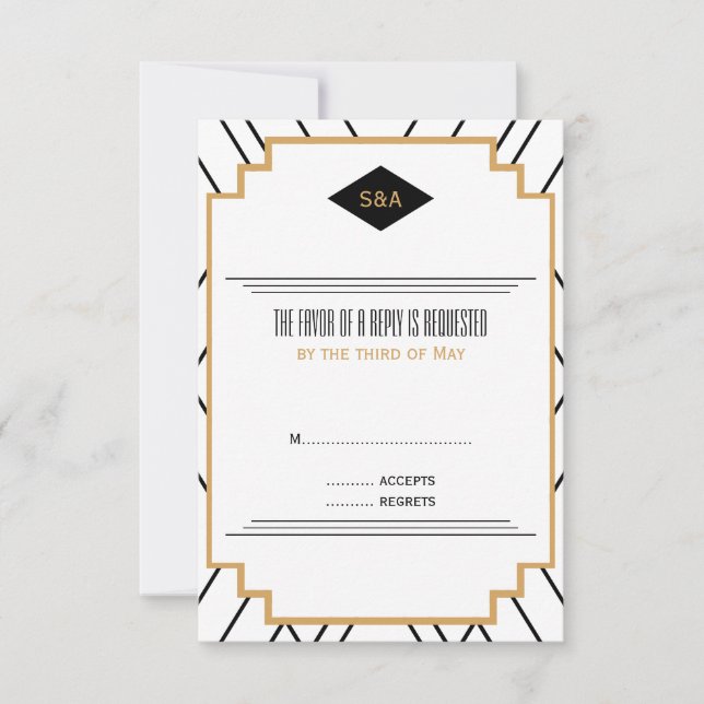 Monogram Black, Gold and White Art Deco RSVP (Front)