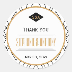 Monogram Black, Gold and White Art Deco Thank You Classic Round Sticker