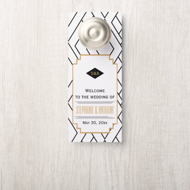 Monogram Black, Gold and White Art Deco Wedding Door Hanger (On Knob)