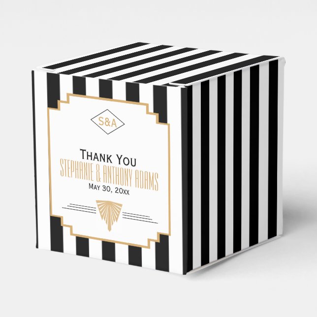 Monogram Black, Gold and White Art Deco Wedding Favor Box (Front Side)