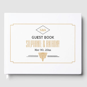 Monogram Black, Gold and White Art Deco Wedding Guest Book