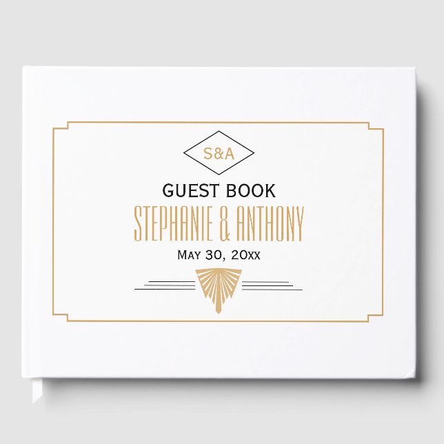 Monogram Black, Gold and White Art Deco Wedding Guest Book (Front)