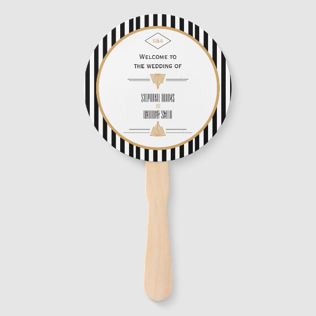 Monogram Black, Gold and White Art Deco Wedding Hand Fan (Front)