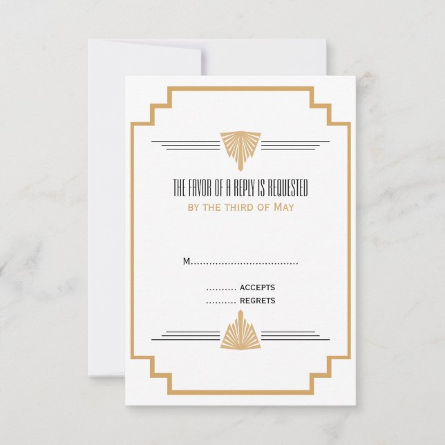 Monogram Black, Gold and White Art Deco Wedding RSVP Card (Front)