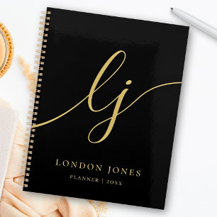 Monogram Black Gold Calligraphy Initials Business Planner