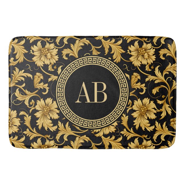 Monogram Black Gold Classy Elegant Pattern Bath Mat (Front)