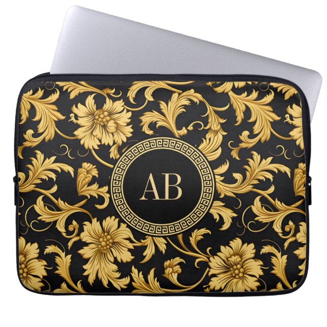 Monogram Black Gold Classy Elegant Pattern Laptop Sleeve (Front)