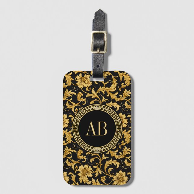 Monogram Black Gold Classy Elegant Pattern Luggage Tag (Front Vertical)