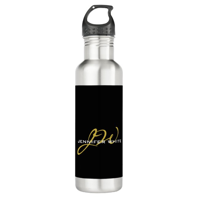 Monogram Black Gold Colour Plain Modern Own Name 710 Ml Water Bottle (Front)