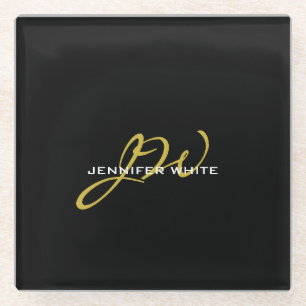 Monogram Black Gold Colour Plain Modern Own Name Glass Coaster