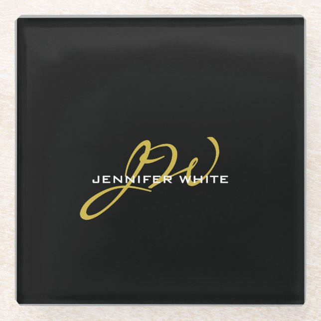 Monogram Black Gold Colour Plain Modern Own Name Glass Coaster (Front)