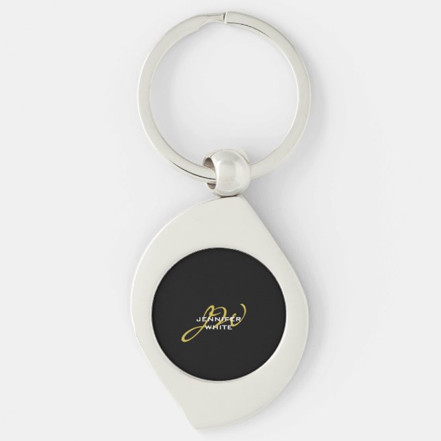Monogram Black Gold Colour Plain Modern Own Name Keychain (Front)