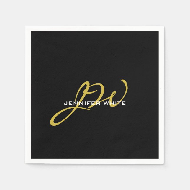 Monogram Black Gold Colour Plain Modern Own Name Napkin (Front)