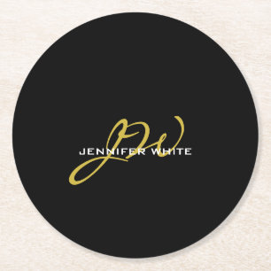 Monogram Black Gold Colour Plain Modern Own Name Round Paper Coaster