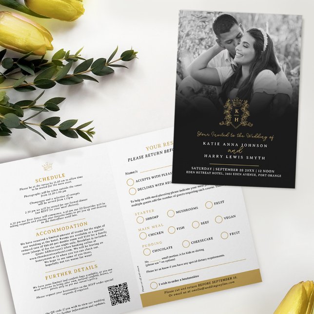 Monogram black gold crown wedding meal option RSVP Invitation (Creator Uploaded)