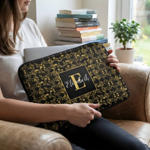 Monogram Black Gold Damask Personalized Name Laptop Sleeve