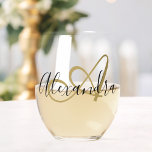 Monogram Black Gold Elegant Script Name Stemless Wine Glass<br><div class="desc">Sip in style with this black and gold monogram stemless wine glass, designed for those who love elegant, personalized drinkware. Featuring a sophisticated script name design, this glass makes the perfect addition to formal gatherings, dinner parties, and special celebrations. The sleek, stemless shape offers a modern touch, while the chic...</div>